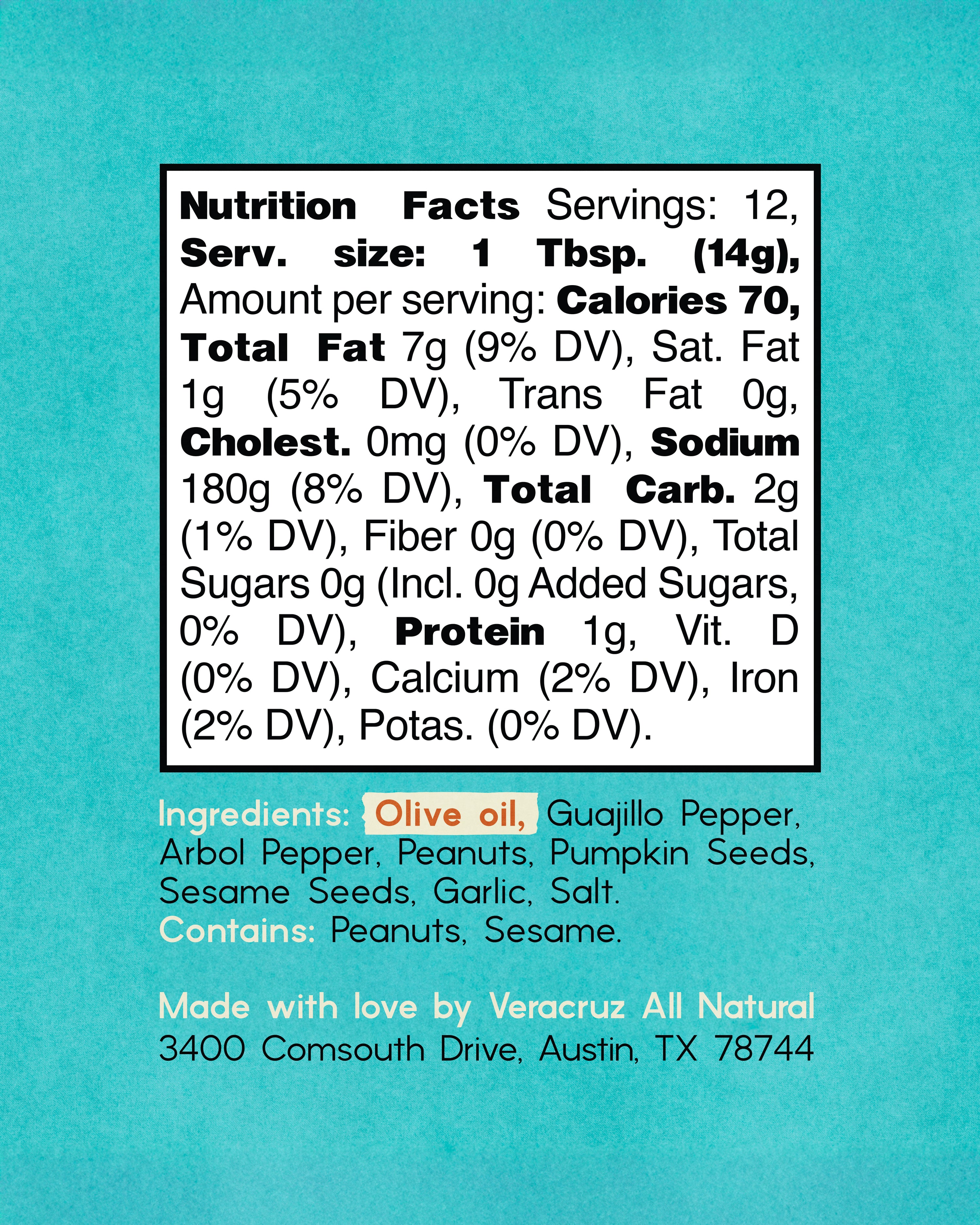 Nutrition Facts label for Veracruz All Natural Peanut Macha showing ingredients, calories, allergens, and nutritional information