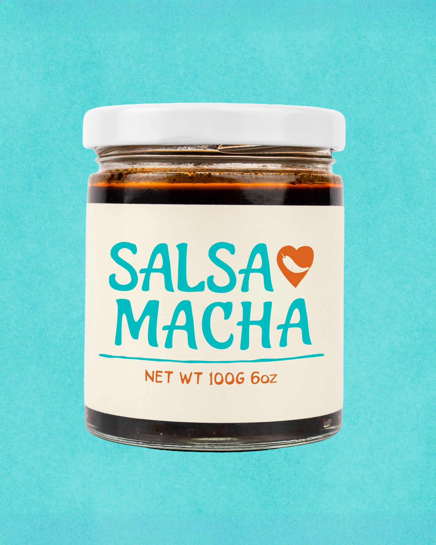 Front view of Veracruz All Natural Salsa Macha jar with turquoise label on a bright background