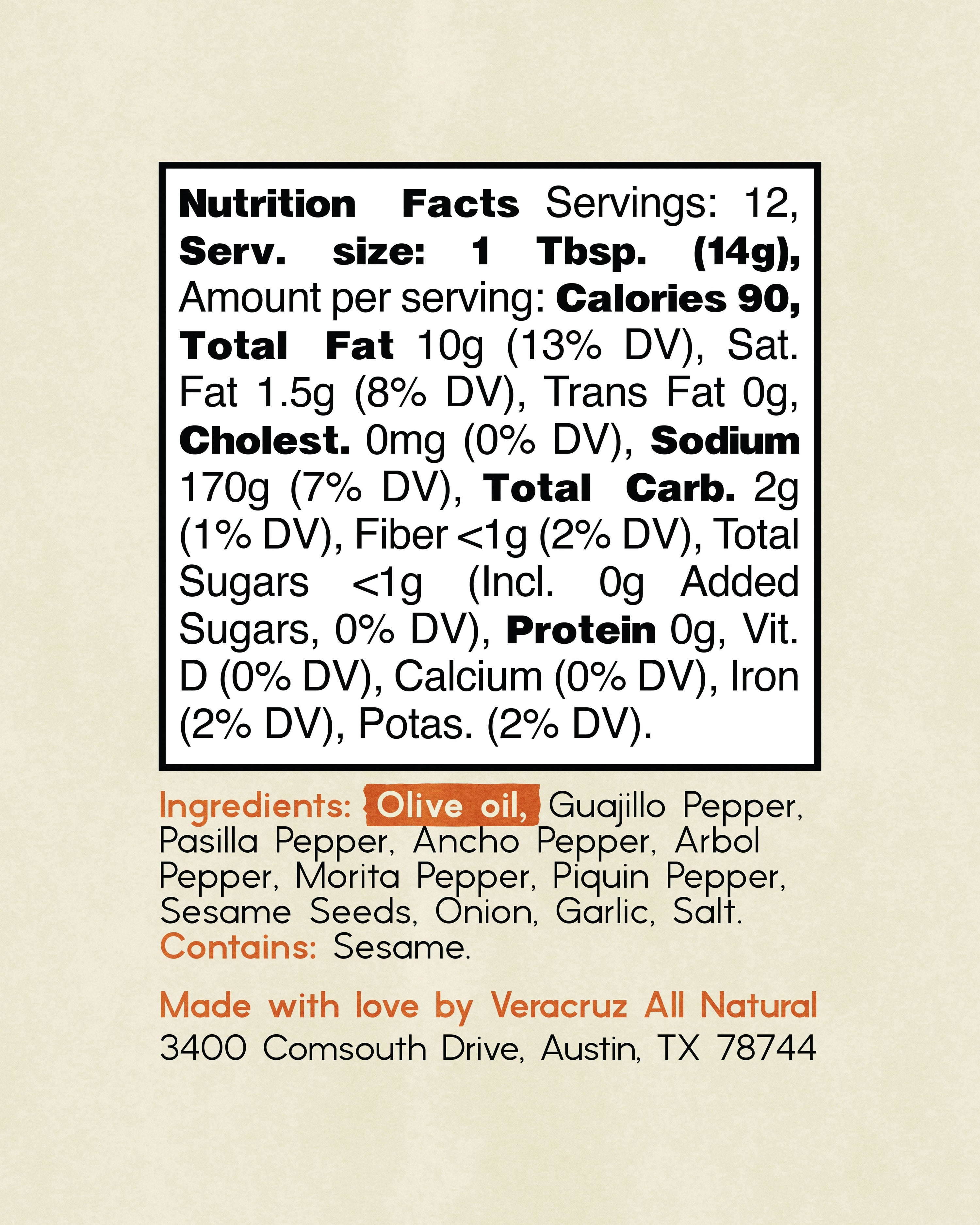 Nutrition Facts label for Veracruz All Natural Salsa Macha showing ingredients, calories, and allergen information